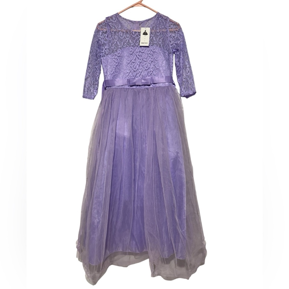 NWT Purple‎ Flower Gurl Dress Size L Lace Tulle Maxi Junior Bridesmaid Wedding